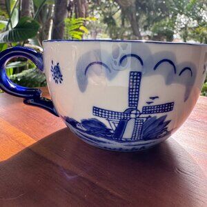 Vintage Hand-Painted Delft Blue Cup with Windmill Design